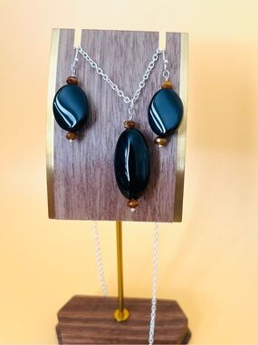 Long silver plated Black crystals and tigers eye Jewelry Set